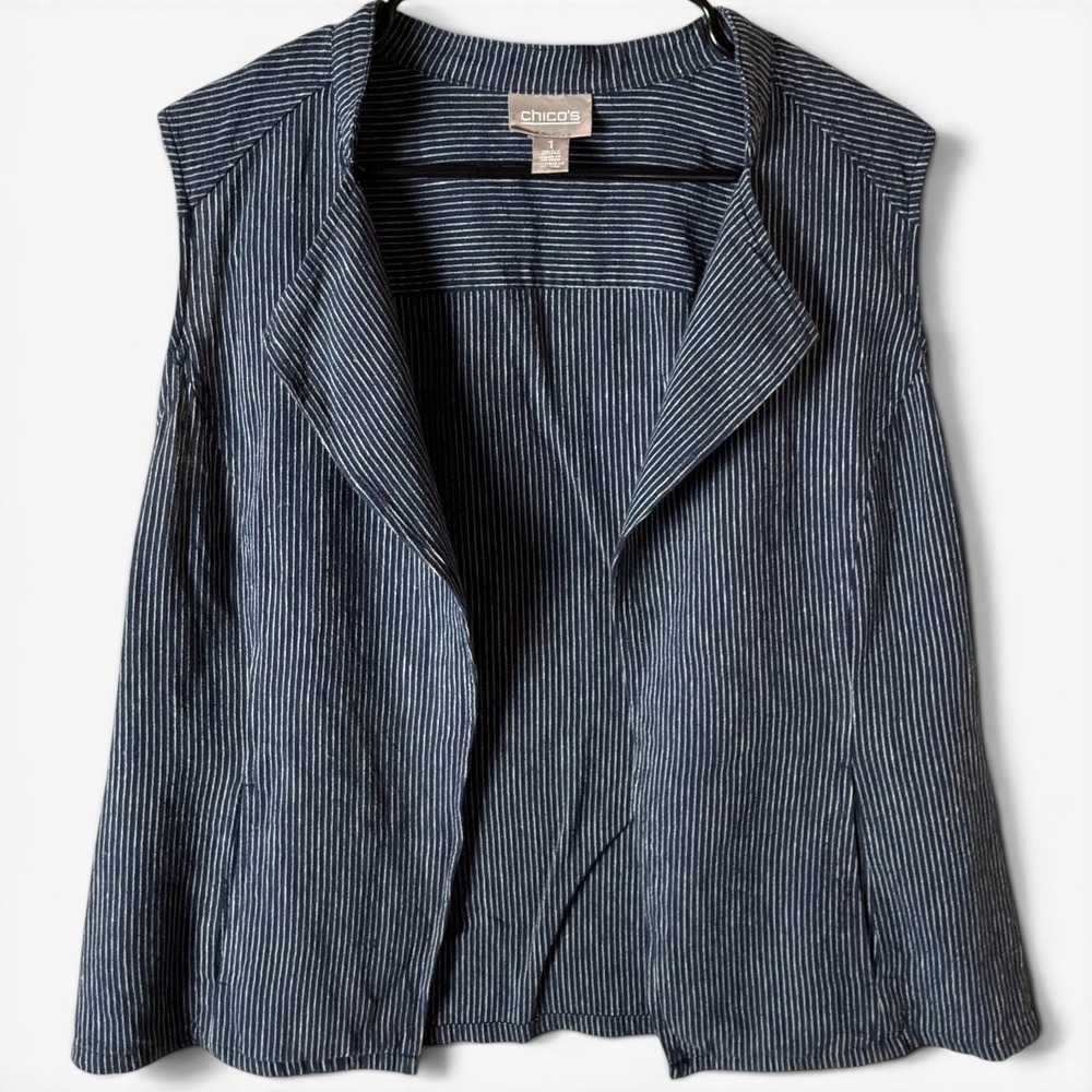 Chico's‎ Pinstripe Linen Blend Vest Navy Blue Women Sz 1 Medium Coastal Layering